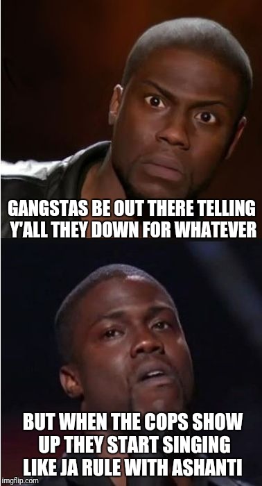 kevin hart reaction | GANGSTAS BE OUT THERE TELLING Y'ALL THEY DOWN FOR WHATEVER; BUT WHEN THE COPS SHOW UP THEY START SINGING LIKE JA RULE WITH ASHANTI | image tagged in kevin hart reaction | made w/ Imgflip meme maker