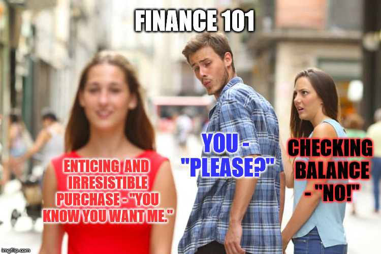 Distracted Boyfriend Meme | ENTICING  AND IRRESISTIBLE PURCHASE - "YOU KNOW YOU WANT ME." YOU - "PLEASE?" CHECKING BALANCE - "NO!" FINANCE 101 | image tagged in memes,distracted boyfriend | made w/ Imgflip meme maker