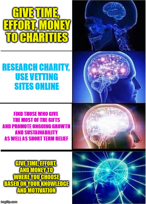 Expanding Brain Meme | GIVE TIME, EFFORT, MONEY TO CHARITIES RESEARCH CHARITY, USE VETTING SITES ONLINE FIND THOSE WHO GIVE THE MOST OF THE GIFTS AND PROMOTE ONGOI | image tagged in memes,expanding brain | made w/ Imgflip meme maker