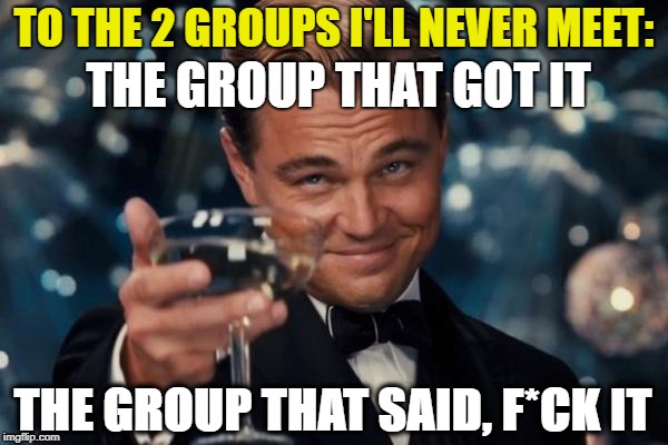 Yep, pretty much | TO THE 2 GROUPS I'LL NEVER MEET:; THE GROUP THAT GOT IT; THE GROUP THAT SAID, F*CK IT | image tagged in memes,leonardo dicaprio cheers | made w/ Imgflip meme maker