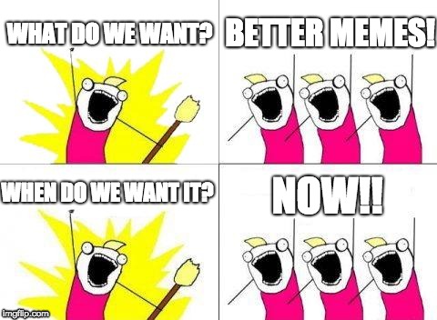 What Do We Want | WHAT DO WE WANT? BETTER MEMES! WHEN DO WE WANT IT? NOW!! | image tagged in memes,what do we want | made w/ Imgflip meme maker