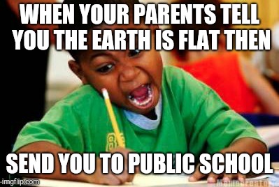 Writing | WHEN YOUR PARENTS TELL YOU THE EARTH IS FLAT THEN SEND YOU TO PUBLIC SCHOOL | image tagged in writing | made w/ Imgflip meme maker