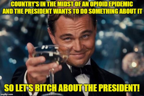 Leonardo Dicaprio Cheers Meme | COUNTRY'S IN THE MIDST OF AN OPIOID EPIDEMIC AND THE PRESIDENT WANTS TO DO SOMETHING ABOUT IT SO LET'S B**CH ABOUT THE PRESIDENT! | image tagged in memes,leonardo dicaprio cheers | made w/ Imgflip meme maker