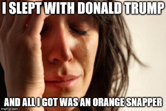 First World Problems Meme | I SLEPT WITH DONALD TRUMP; AND ALL I GOT WAS AN ORANGE SNAPPER | image tagged in memes,first world problems | made w/ Imgflip meme maker