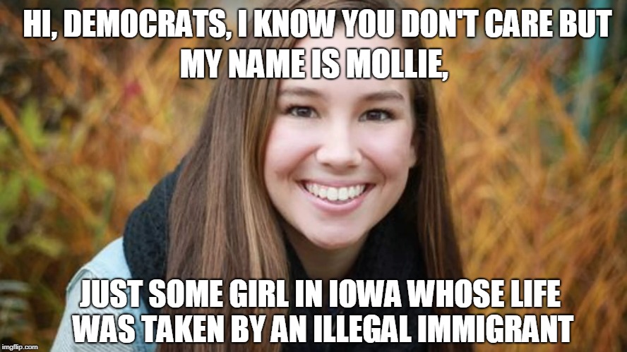 MOLLIE, SOME GIRL IN IOWA | HI, DEMOCRATS, I KNOW YOU DON'T CARE BUT; MY NAME IS MOLLIE, JUST SOME GIRL IN IOWA WHOSE LIFE WAS TAKEN BY AN ILLEGAL IMMIGRANT | image tagged in build a wall,illegal immigration,liberal hypocrisy | made w/ Imgflip meme maker