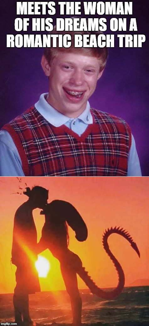 Anyone met this woman? | MEETS THE WOMAN OF HIS DREAMS ON A ROMANTIC BEACH TRIP | image tagged in bad luck brian,funny,funny memes | made w/ Imgflip meme maker