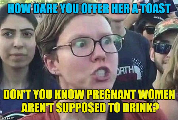 Triggered Liberal | HOW DARE YOU OFFER HER A TOAST DON'T YOU KNOW PREGNANT WOMEN AREN'T SUPPOSED TO DRINK? | image tagged in triggered liberal | made w/ Imgflip meme maker