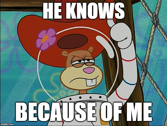 Sandy Cheeks | HE KNOWS BECAUSE OF ME | image tagged in sandy cheeks | made w/ Imgflip meme maker