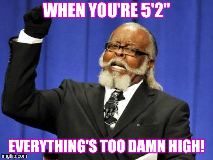 Too Damn High Meme | WHEN YOU'RE 5'2"; EVERYTHING'S TOO DAMN HIGH! | image tagged in memes,too damn high | made w/ Imgflip meme maker
