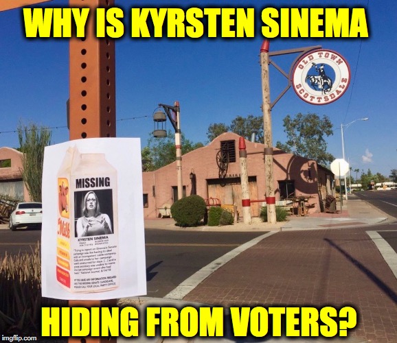 Why is the "Prada Socialist" Arizona Senate Candidate Kyrsten Sinema Hiding from Voters? |  WHY IS KYRSTEN SINEMA; HIDING FROM VOTERS? | image tagged in kyrsten sinema,hiding,election 2018,arizona,senate,missing | made w/ Imgflip meme maker