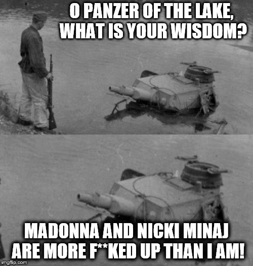 Panzer of the Lake | O PANZER OF THE LAKE, WHAT IS YOUR WISDOM? MADONNA AND NICKI MINAJ ARE MORE F**KED UP THAN I AM! | image tagged in panzer of the lake,madonna,nicki minaj | made w/ Imgflip meme maker