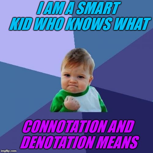 Success Kid Meme | I AM A SMART KID WHO KNOWS WHAT; CONNOTATION AND DENOTATION MEANS | image tagged in memes,success kid | made w/ Imgflip meme maker