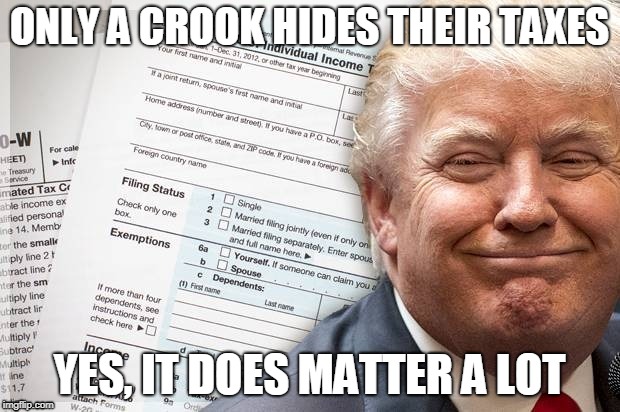 yes, it does matter a lot | ONLY A CROOK HIDES THEIR TAXES; YES, IT DOES MATTER A LOT | image tagged in trump,taxes,show them,crook | made w/ Imgflip meme maker