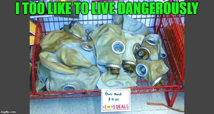 Get 'em while they're HOT!!! | I TOO LIKE TO LIVE DANGEROUSLY | image tagged in gas mask,memes,dollar store,funny,sale,i too like to live dangerously | made w/ Imgflip meme maker