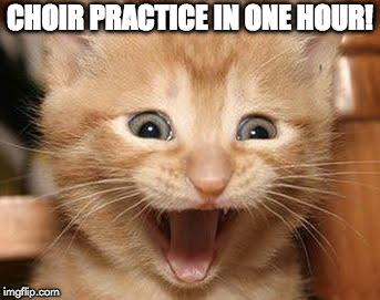 Excited Cat Meme | CHOIR PRACTICE IN ONE HOUR! | image tagged in memes,excited cat | made w/ Imgflip meme maker