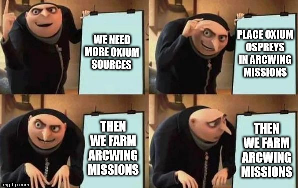 Gru's Plan Meme | WE NEED MORE OXIUM SOURCES; PLACE OXIUM OSPREYS IN ARCWING MISSIONS; THEN WE FARM ARCWING MISSIONS; THEN WE FARM ARCWING MISSIONS | image tagged in gru's plan | made w/ Imgflip meme maker