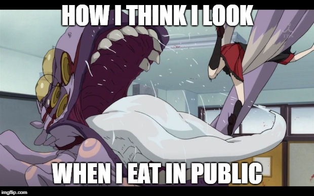 Eating in public | HOW I THINK I LOOK; WHEN I EAT IN PUBLIC | image tagged in public,self conscious | made w/ Imgflip meme maker