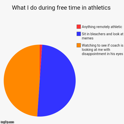What I do during free time in athletics | Watching to see if coach is looking at me with disappointment in his eyes, Sit in bleachers and lo | image tagged in funny,pie charts | made w/ Imgflip chart maker