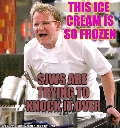 Chef Gordon Ramsay Meme | THIS ICE CREAM IS SO FROZEN; SJWS ARE TRYING TO KNOCK IT OVER | image tagged in memes,chef gordon ramsay | made w/ Imgflip meme maker