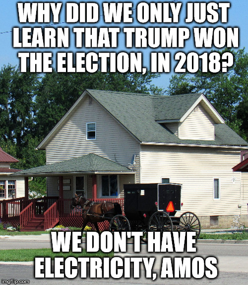 Grass guzzler | WHY DID WE ONLY JUST LEARN THAT TRUMP WON THE ELECTION, IN 2018? WE DON'T HAVE ELECTRICITY, AMOS | image tagged in grass guzzler | made w/ Imgflip meme maker