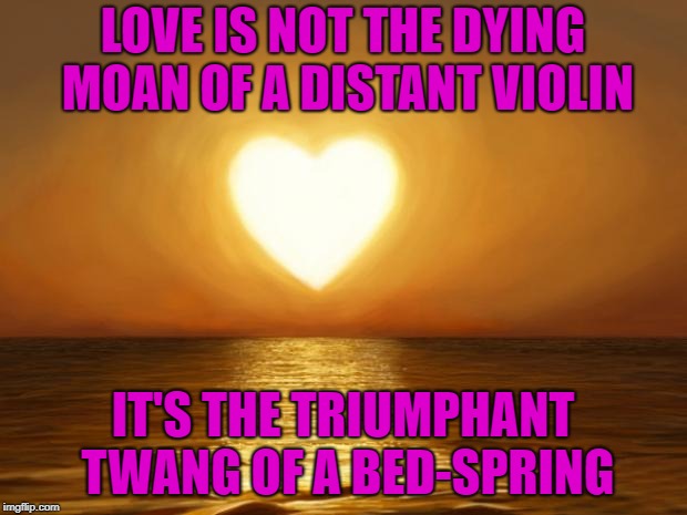 What is love, baby don't hurt me... | LOVE IS NOT THE DYING MOAN OF A DISTANT VIOLIN; IT'S THE TRIUMPHANT TWANG OF A BED-SPRING | image tagged in love,memes,funny | made w/ Imgflip meme maker
