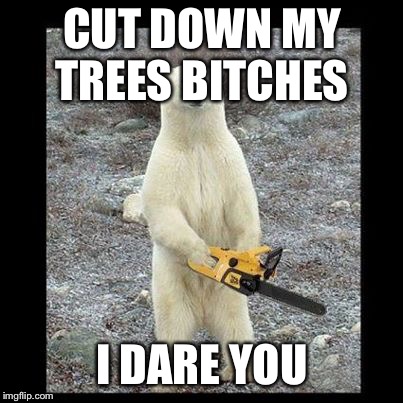 Chainsaw Bear Meme | CUT DOWN MY TREES BITCHES; I DARE YOU | image tagged in memes,chainsaw bear | made w/ Imgflip meme maker