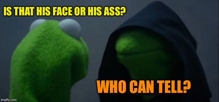 Evil Kermit Meme | IS THAT HIS FACE OR HIS ASS? WHO CAN TELL? | image tagged in memes,evil kermit | made w/ Imgflip meme maker