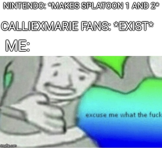 Excuse me wtf blank template | NINTENDO: *MAKES SPLATOON 1 AND 2*; CALLIEXMARIE FANS: *EXIST*; ME: | image tagged in excuse me wtf blank template | made w/ Imgflip meme maker