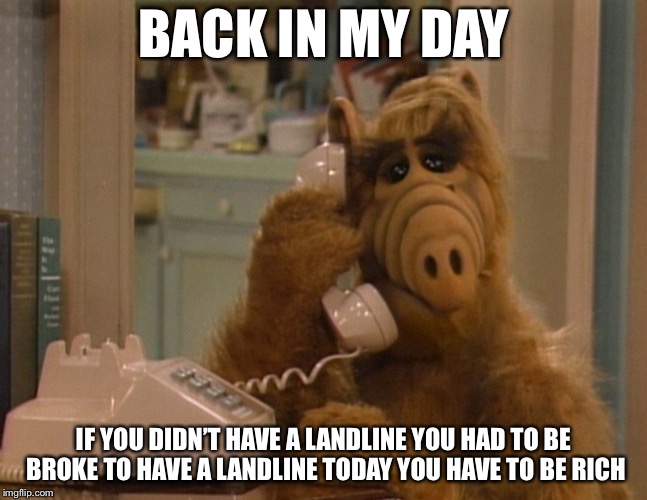 Alf on the Phone | BACK IN MY DAY; IF YOU DIDN’T HAVE A LANDLINE YOU HAD TO BE BROKE TO HAVE A LANDLINE TODAY YOU HAVE TO BE RICH | image tagged in alf on the phone,memes,back in my day | made w/ Imgflip meme maker