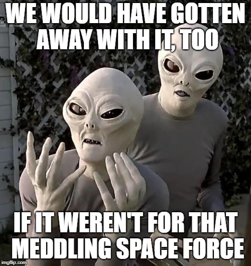 Aliens | WE WOULD HAVE GOTTEN AWAY WITH IT, TOO; IF IT WEREN'T FOR THAT MEDDLING SPACE FORCE | image tagged in aliens,space force,scooby doo meddling kids | made w/ Imgflip meme maker