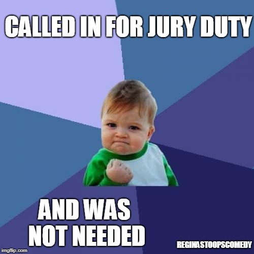 Success Kid Meme | CALLED IN FOR JURY DUTY; AND WAS NOT NEEDED; REGINASTOOPSCOMEDY | image tagged in memes,success kid | made w/ Imgflip meme maker