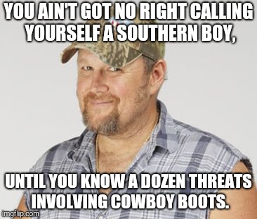 Larry The Cable Guy | YOU AIN'T GOT NO RIGHT CALLING YOURSELF A SOUTHERN BOY, UNTIL YOU KNOW A DOZEN THREATS INVOLVING COWBOY BOOTS. | image tagged in memes,larry the cable guy | made w/ Imgflip meme maker