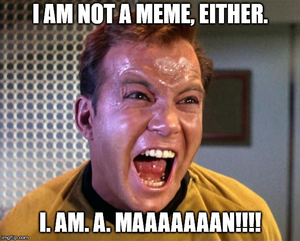 Captain Kirk Screaming | I AM NOT A MEME, EITHER. I. AM. A. MAAAAAAAN!!!! | image tagged in captain kirk screaming | made w/ Imgflip meme maker