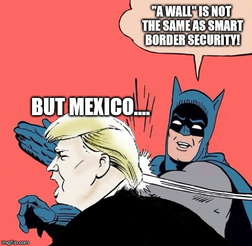 Batman slaps Trump | "A WALL" IS NOT THE SAME AS SMART BORDER SECURITY! BUT MEXICO.... | image tagged in batman slaps trump | made w/ Imgflip meme maker