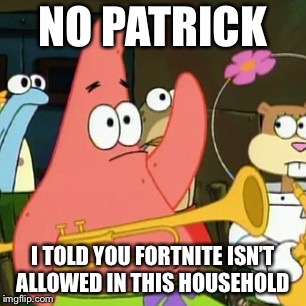 No Patrick Meme | NO PATRICK; I TOLD YOU FORTNITE ISN’T ALLOWED IN THIS HOUSEHOLD | image tagged in memes,no patrick | made w/ Imgflip meme maker