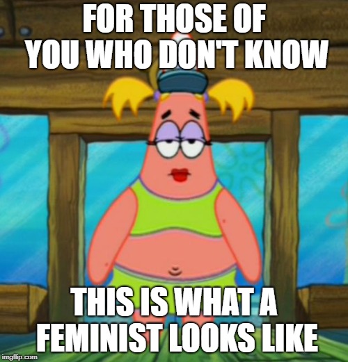 What a Beauty! | FOR THOSE OF YOU WHO DON'T KNOW; THIS IS WHAT A FEMINIST LOOKS LIKE | image tagged in patrick star,spongebob,feminist | made w/ Imgflip meme maker