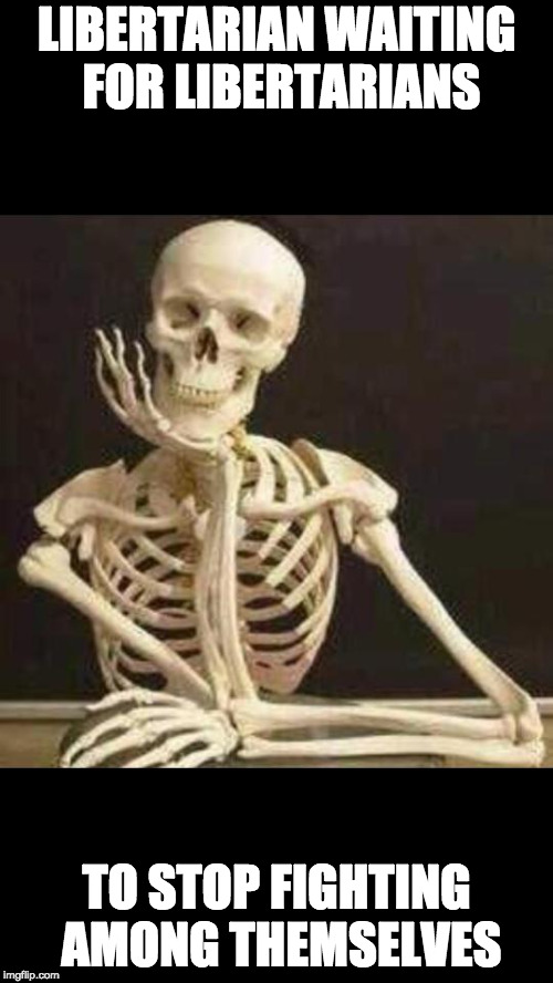 skeleton waiting | LIBERTARIAN WAITING FOR LIBERTARIANS; TO STOP FIGHTING AMONG THEMSELVES | image tagged in skeleton waiting | made w/ Imgflip meme maker