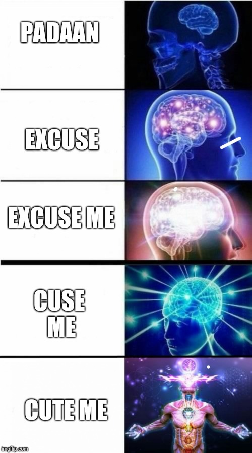 Expanding Brain Meme | PADAAN; EXCUSE; EXCUSE ME; CUSE ME; CUTE ME | image tagged in expanding brain meme | made w/ Imgflip meme maker