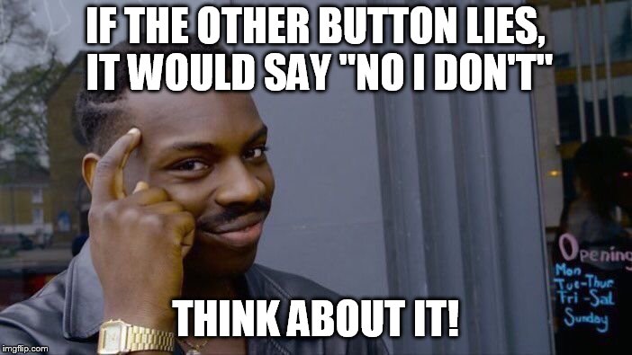 Roll Safe Think About It Meme | IF THE OTHER BUTTON LIES, IT WOULD SAY "NO I DON'T" THINK ABOUT IT! | image tagged in memes,roll safe think about it | made w/ Imgflip meme maker