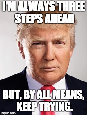 Donald Trump | I'M ALWAYS THREE STEPS AHEAD; BUT, BY ALL MEANS, KEEP TRYING. | image tagged in donald trump | made w/ Imgflip meme maker