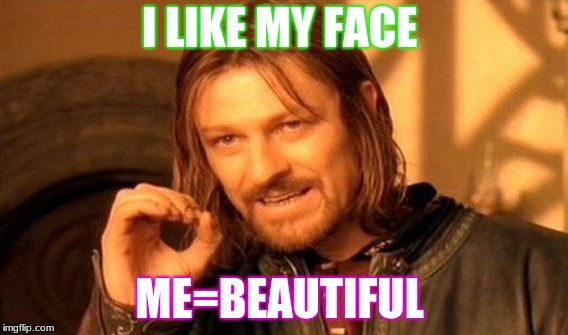 One Does Not Simply | I LIKE MY FACE; ME=BEAUTIFUL | image tagged in memes,one does not simply | made w/ Imgflip meme maker