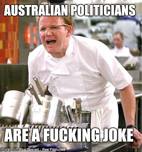 About as useful as a pair of tits on a bull | AUSTRALIAN POLITICIANS; ARE A FUCKING JOKE | image tagged in memes,chef gordon ramsay,australia,government corruption,prime minister,corruption | made w/ Imgflip meme maker
