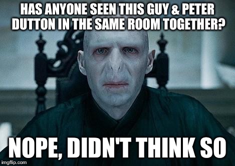 Lord Voldemort | HAS ANYONE SEEN THIS GUY & PETER DUTTON IN THE SAME ROOM TOGETHER? NOPE, DIDN'T THINK SO | image tagged in lord voldemort | made w/ Imgflip meme maker