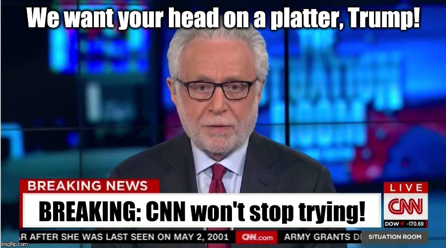 CNN "Wolf of Fake News" Fanfiction | We want your head on a platter, Trump! BREAKING: CNN won't stop trying! | image tagged in cnn wolf of fake news fanfiction | made w/ Imgflip meme maker