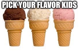 Ice Cream cone | PICK YOUR FLAVOR KIDS | image tagged in ice cream cone | made w/ Imgflip meme maker