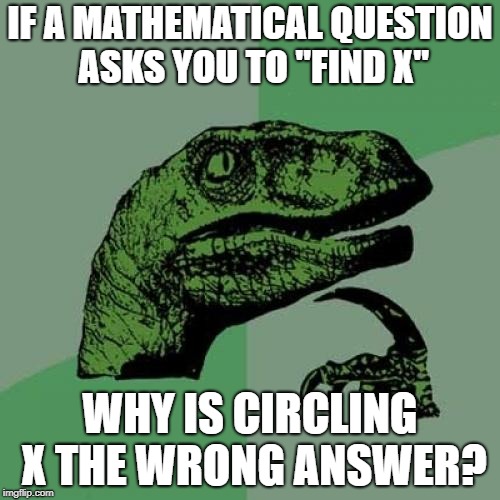 Philosoraptor | IF A MATHEMATICAL QUESTION ASKS YOU TO "FIND X"; WHY IS CIRCLING X THE WRONG ANSWER? | image tagged in memes,philosoraptor | made w/ Imgflip meme maker