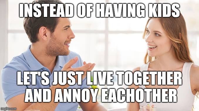 Normie guy | INSTEAD OF HAVING KIDS; LET'S JUST LIVE TOGETHER AND ANNOY EACHOTHER | image tagged in couple talking | made w/ Imgflip meme maker