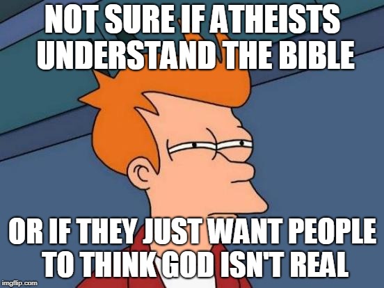 Futurama Fry | NOT SURE IF ATHEISTS UNDERSTAND THE BIBLE; OR IF THEY JUST WANT PEOPLE TO THINK GOD ISN'T REAL | image tagged in memes,futurama fry | made w/ Imgflip meme maker