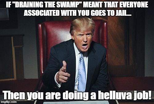 Donald Trump You're Fired | IF "DRAINING THE SWAMP" MEANT THAT EVERYONE ASSOCIATED WITH YOU GOES TO JAIL... Then you are doing a helluva job! | image tagged in donald trump you're fired | made w/ Imgflip meme maker