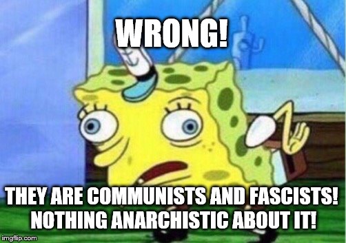 Mocking Spongebob Meme | WRONG! THEY ARE COMMUNISTS AND FASCISTS! NOTHING ANARCHISTIC ABOUT IT! | image tagged in memes,mocking spongebob | made w/ Imgflip meme maker